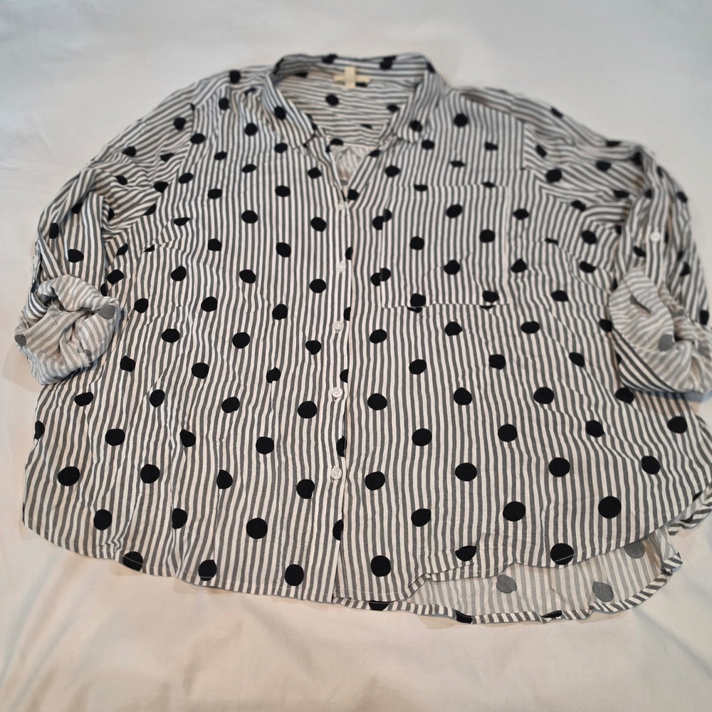 Como Blu Button Down Shirt Womens 2X Black White Excellent Striped Polka Dot